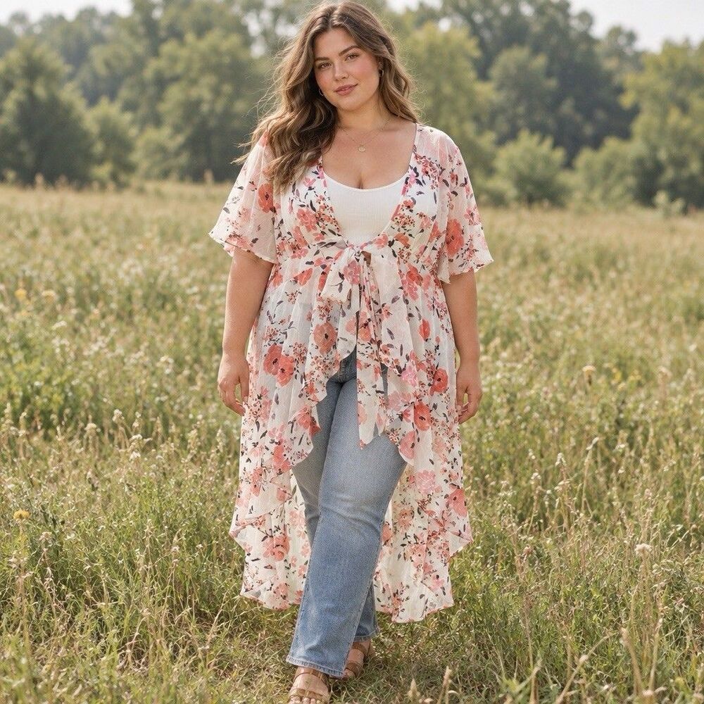 Live 4 Truth Women’s 2X Ivory Floral High Low Kimono Duster Plus Size Boho Flowy